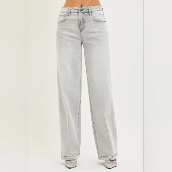 RISEN HR Baggy Jeans Light Gray Contrast Stitching Slouchy Relaxed Various NEW - Picture 3 of 6